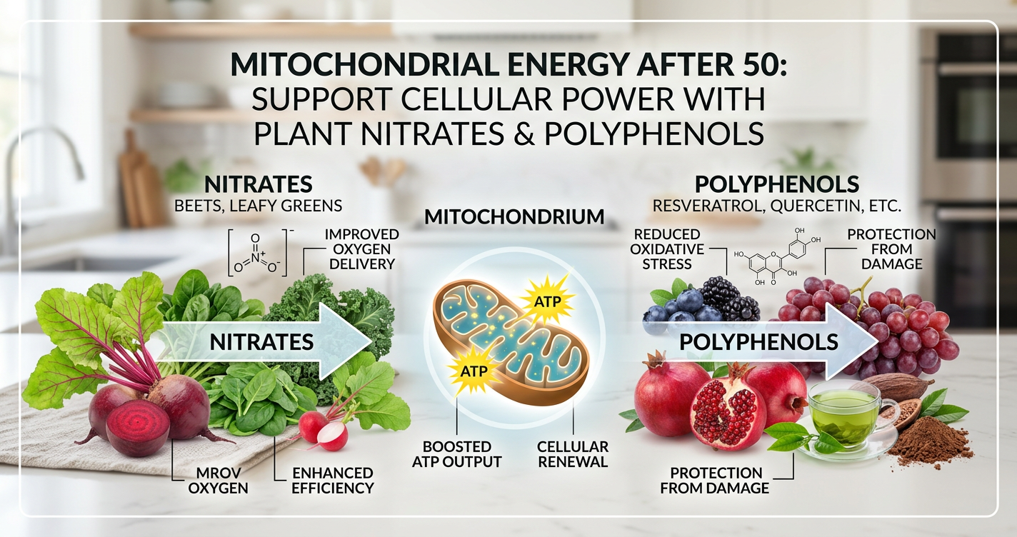 Mitochondrial Energy After 50: How Plant-Based Nitrates and Polyphenols from Fruits & Veggies Support Cellular Power illustration