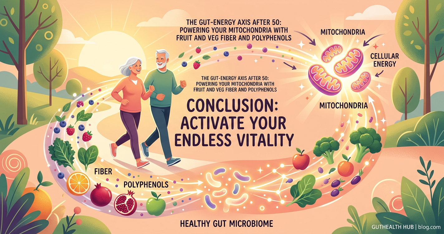 The Gut–Energy Axis After 50: How Fruit and Veggie Fiber and Polyphenols Power Mitochondria illustration