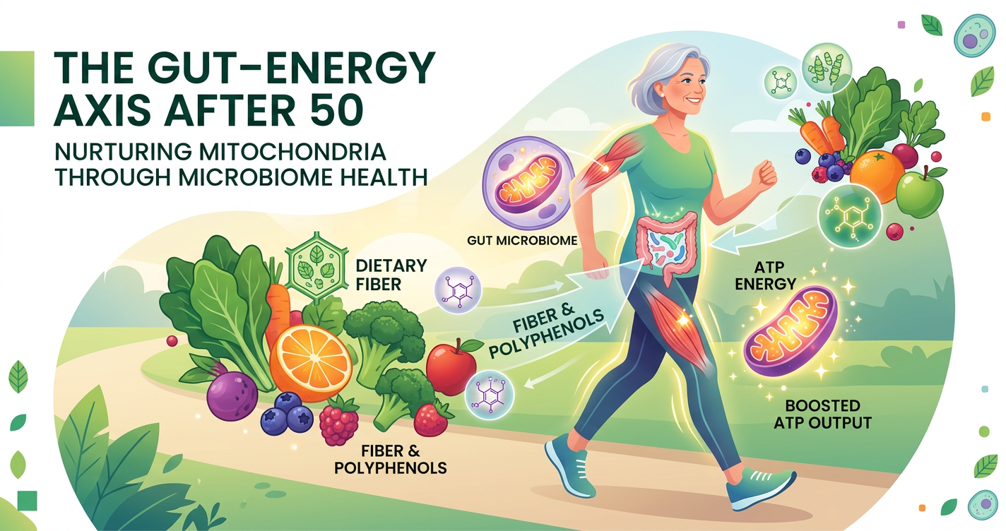 The Gut–Energy Axis After 50: How Fruit and Veggie Fiber and Polyphenols Power Mitochondria illustration
