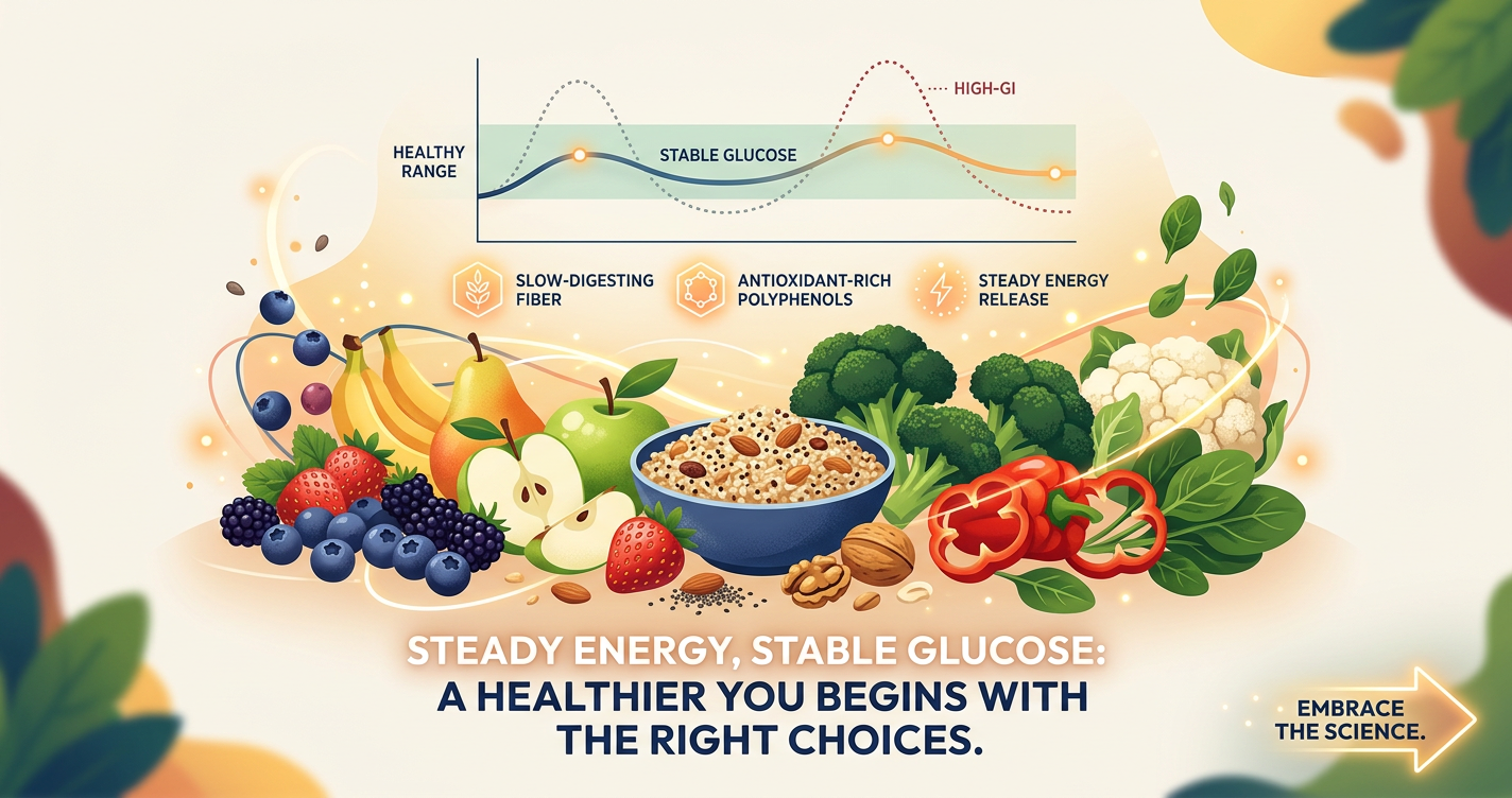 Steady Energy, Stable Glucose: The Science of Low‑Glycemic Fruits and Vegetables, Fiber, and Polyphenols illustration