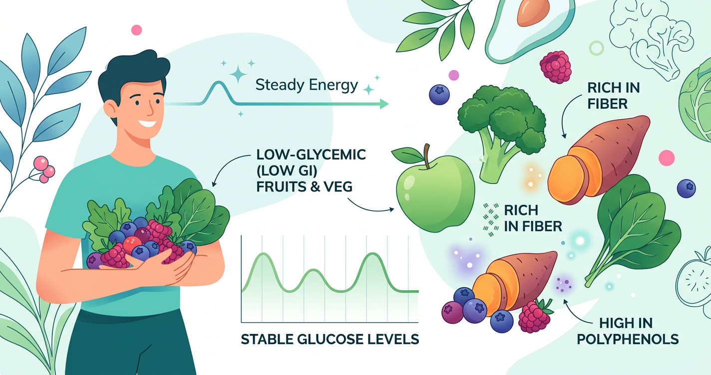 Steady Energy, Stable Glucose: The Science of Low‑Glycemic Fruits and Vegetables, Fiber, and Polyphenols illustration