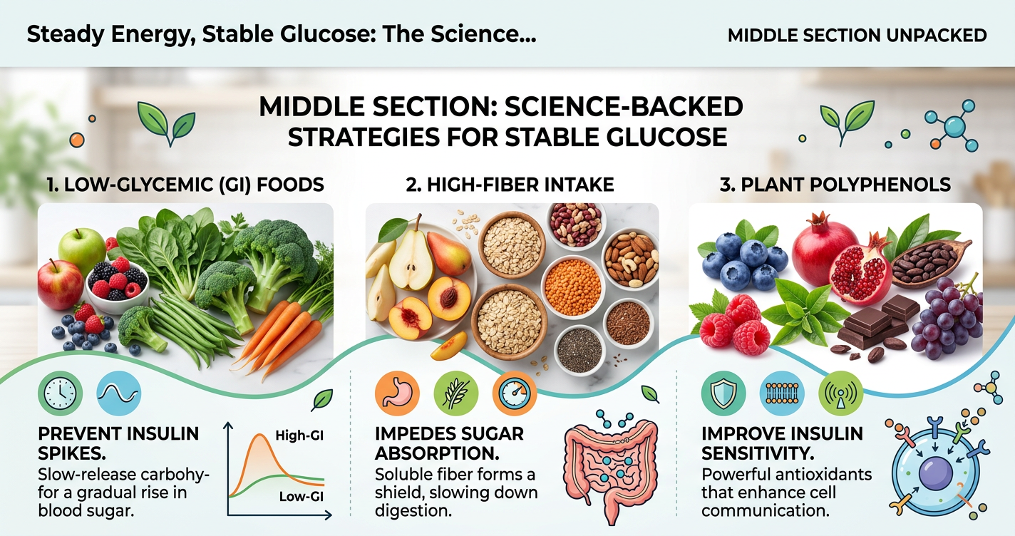Steady Energy, Stable Glucose: The Science of Low‑Glycemic Fruits and Vegetables, Fiber, and Polyphenols illustration