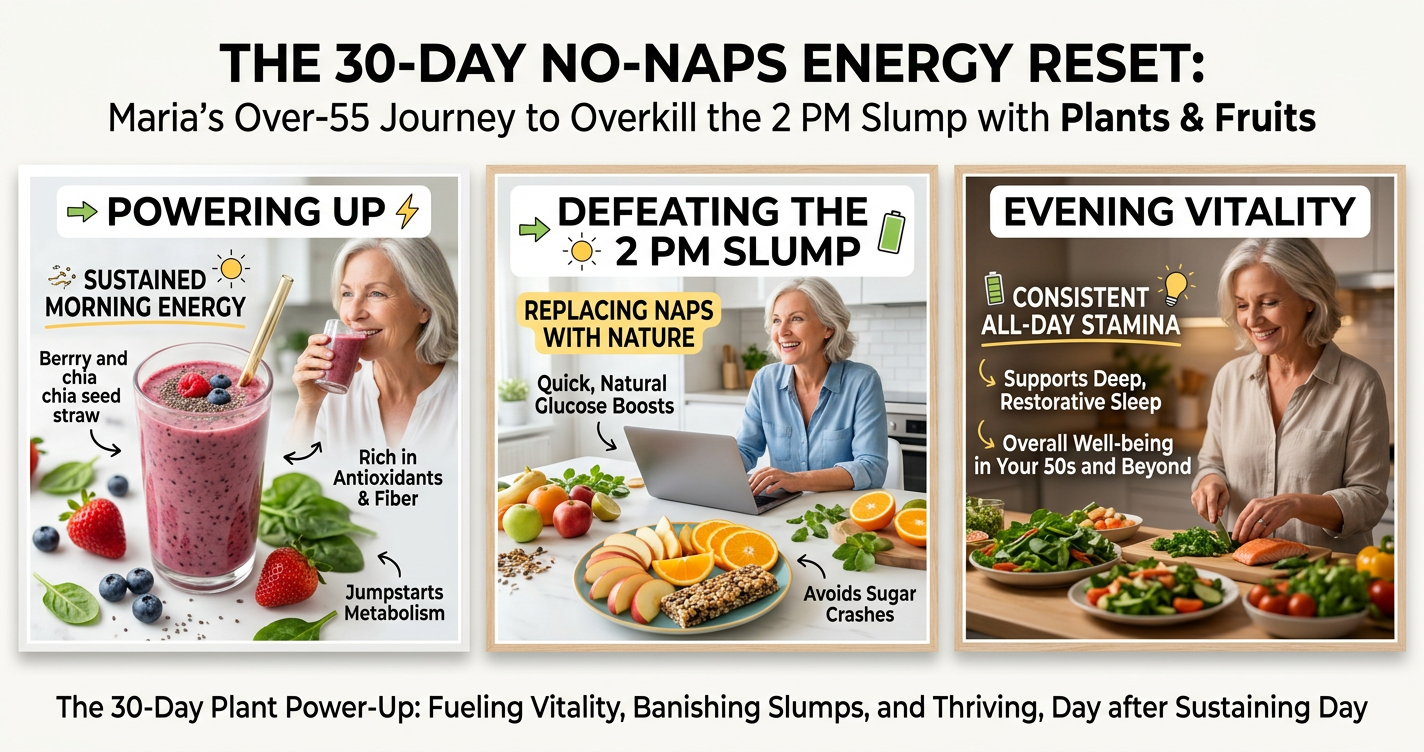 The 30‑Day No‑Naps Energy Reset: Maria’s Over‑55 Journey Using Plants and Fruits to Beat the 2 PM Slump illustration