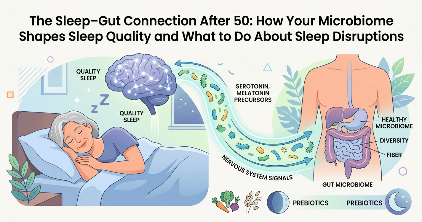 The Sleep–Gut Connection After 50: How Your Microbiome Shapes Sleep Quality and What to Do About Sleep Disruptions illustration
