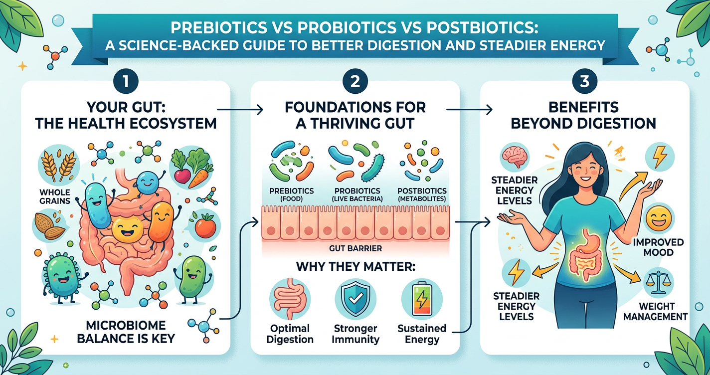 Prebiotics vs Probiotics vs Postbiotics: A Science‑Backed Guide to Better Digestion and Steadier Energy illustration