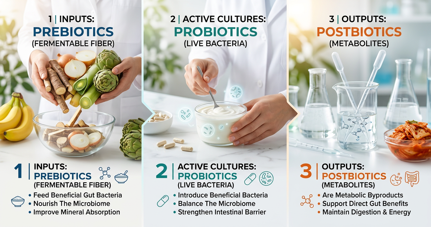 Prebiotics vs Probiotics vs Postbiotics: A Science‑Backed Guide to Better Digestion and Steadier Energy illustration