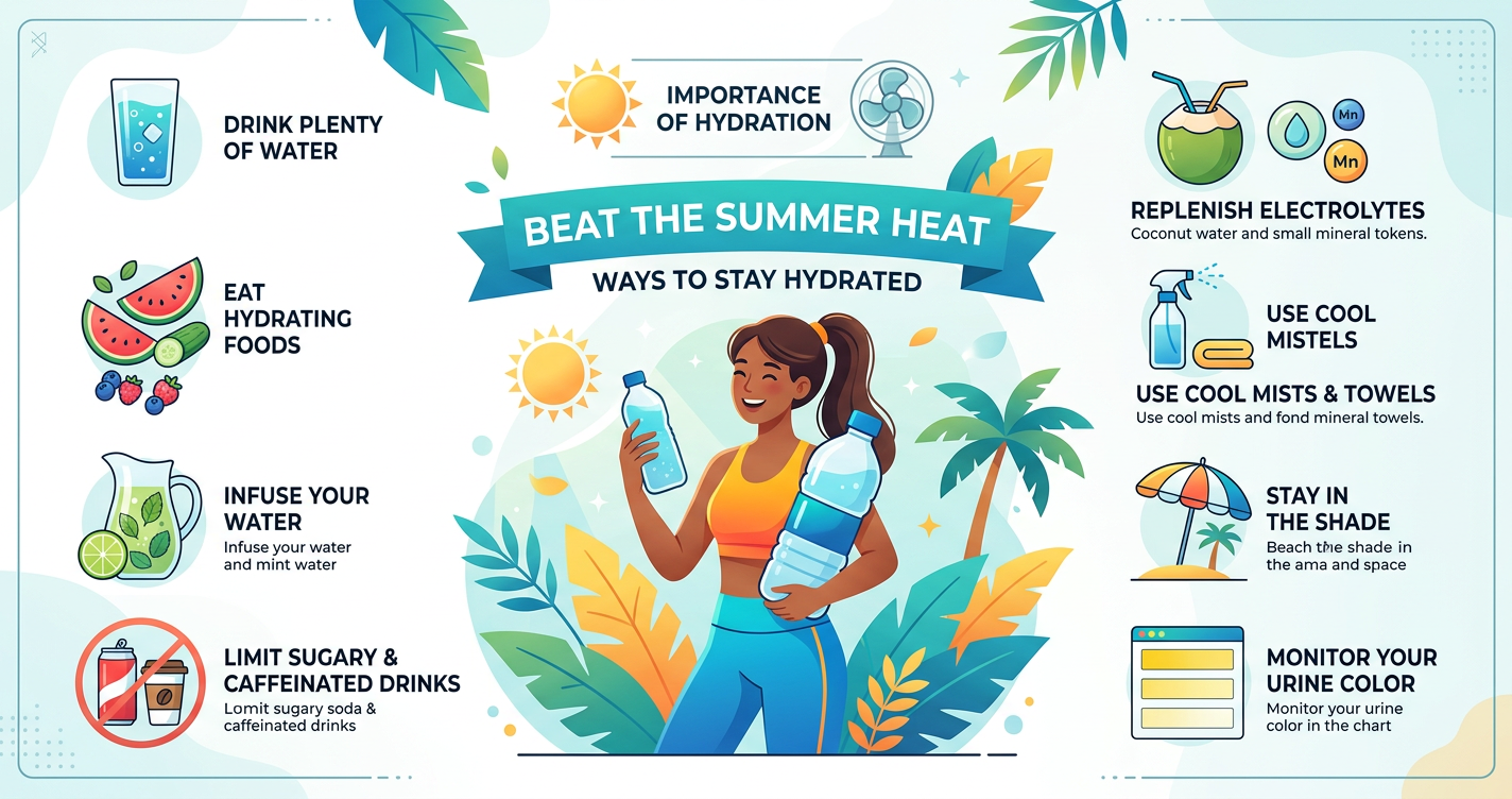 beat the summer heat: ways to stay hydrated in warmer weather and why its important to stay hydrated illustration
