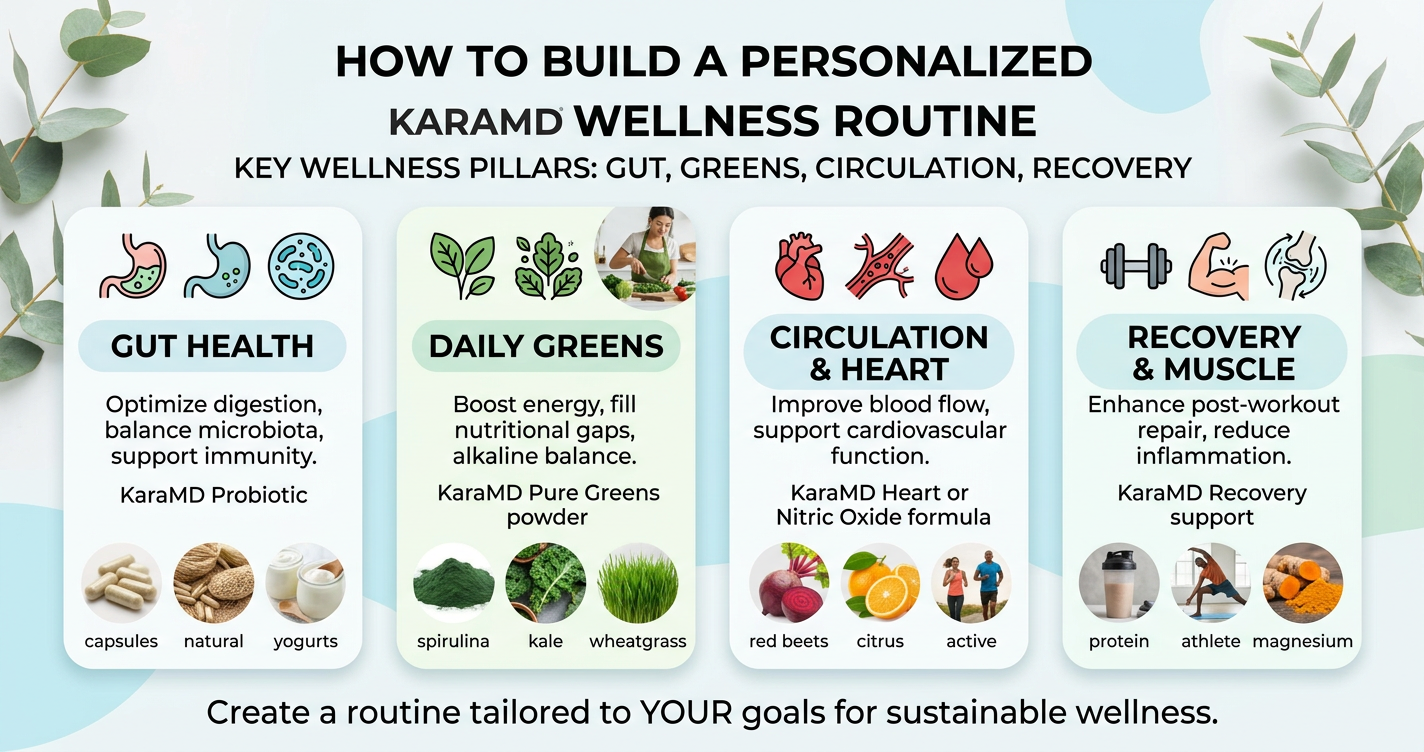 How to Build a Personalized KaraMD Wellness Routine: Gut, Greens, Circulation and Recovery illustration