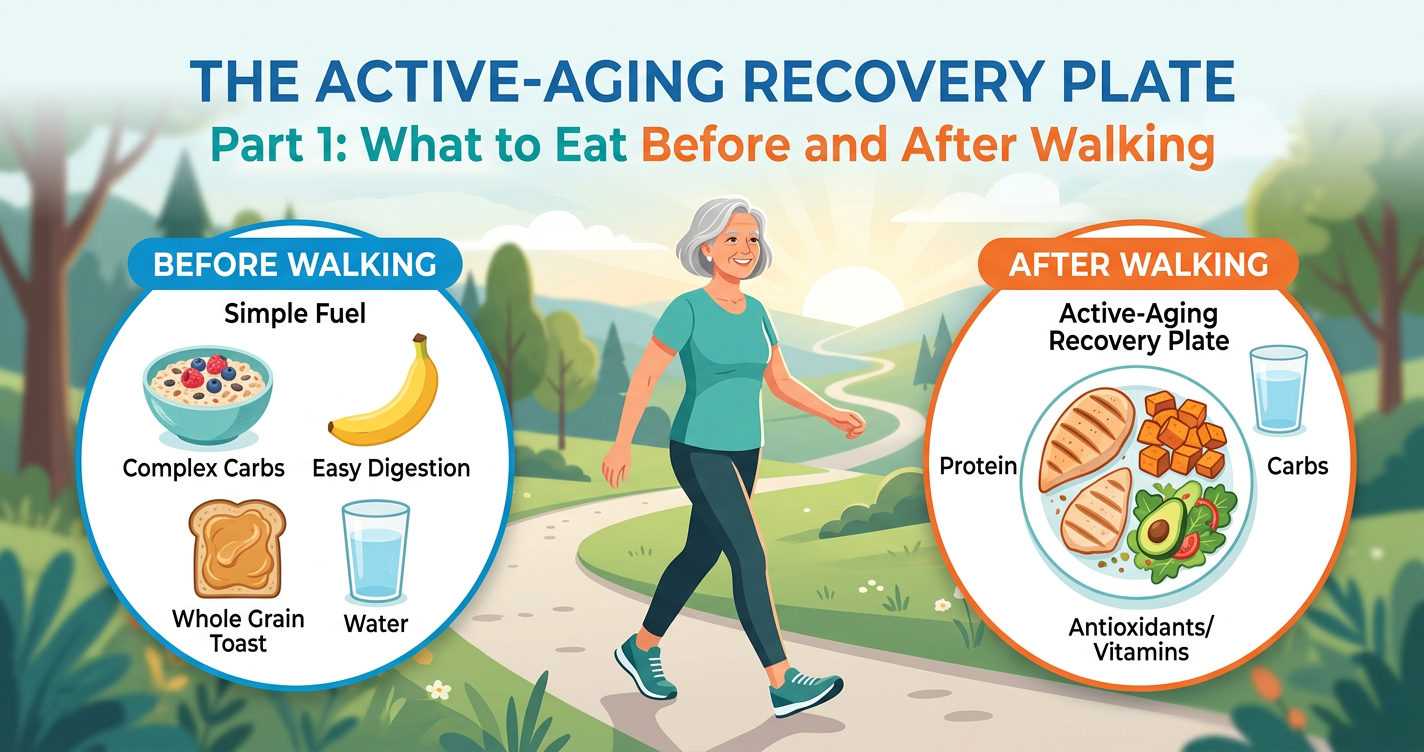 The Active-Aging Recovery Plate: What to Eat Before and After Walking, Strength Training or Hiking illustration