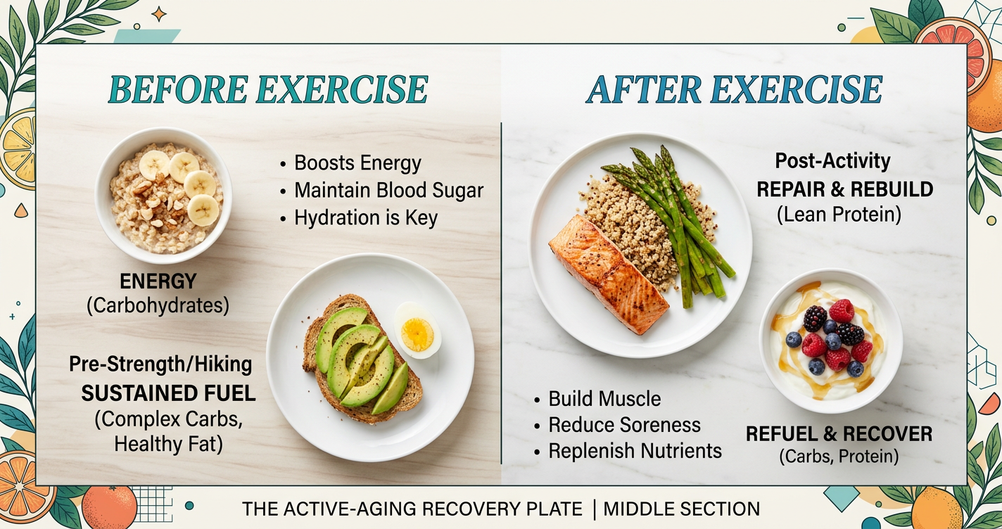 The Active-Aging Recovery Plate: What to Eat Before and After Walking, Strength Training or Hiking illustration